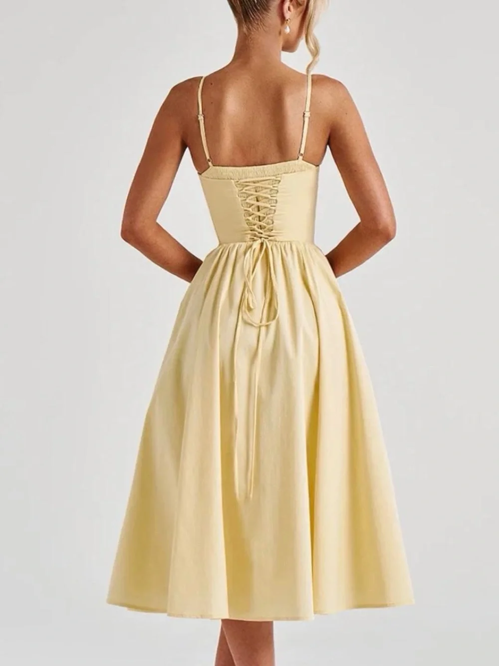 Cream Corset-Style Midi Dress with Spaghetti Straps